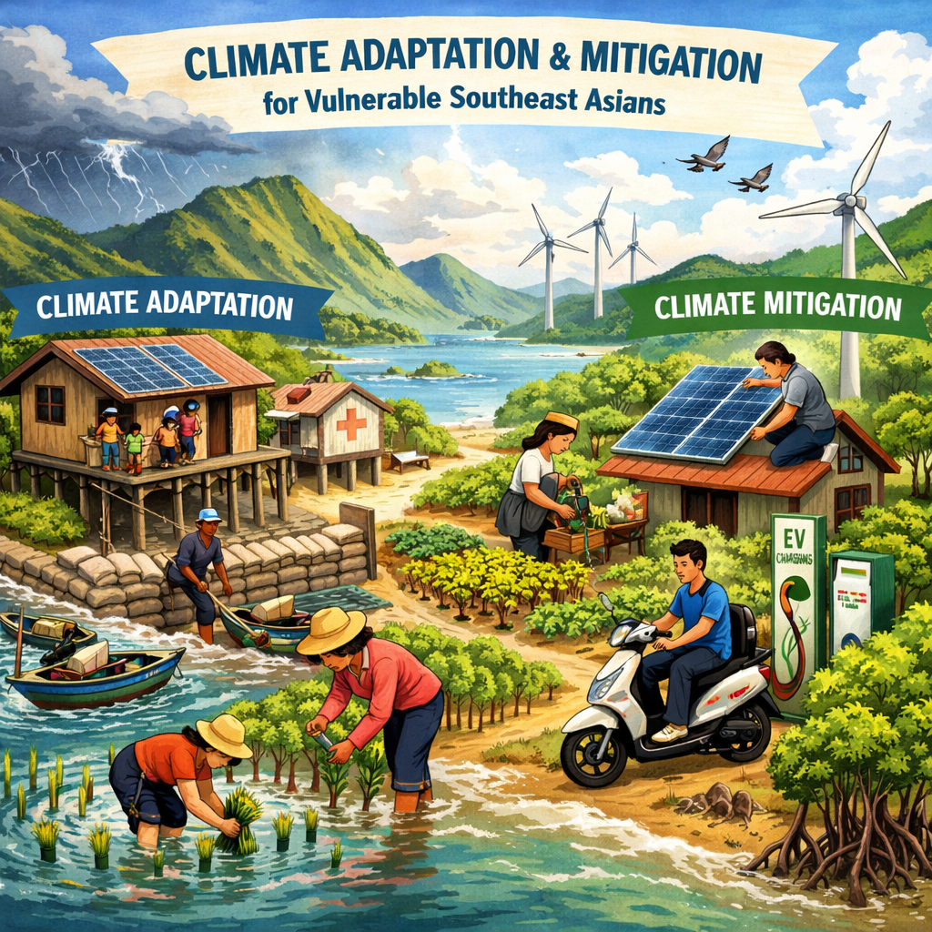 Illustration showing climate adaptation with flood-resilient housing and farming, and climate mitigation with renewable energy and electric vehicles