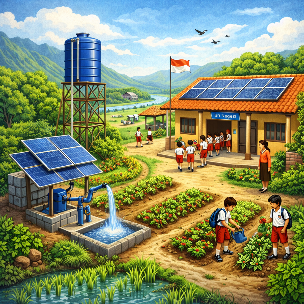 School building with solar panels, students watering garden using solar-powered irrigation system